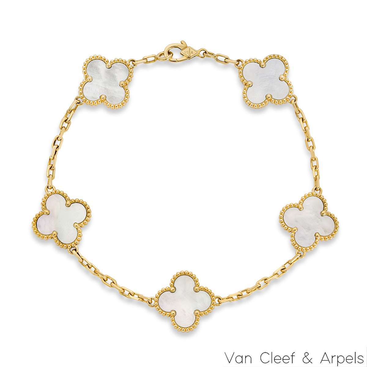 Van Cleef & Arpels Yellow Gold Mother of Pearl Vintage Alhambra 5 Motif Bracelet VCARA41800 Van Cleef & Arpels Yellow Gold Mother of Pearl Vintage Alhambra 5 Motif Bracelet VCARA41800